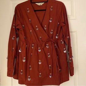 Anthropologie Beaded Long Sleeve Wrap Top